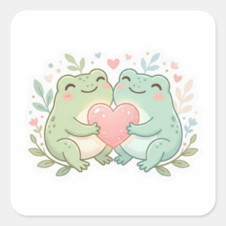 Pegatina Cuadrada Couple Frog Sticker Cute Two Frogs Love Heart Roma