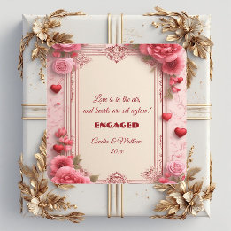 Pegatina Cuadrada Couple's Romantic Pink Heart Motifs Floral Engaged