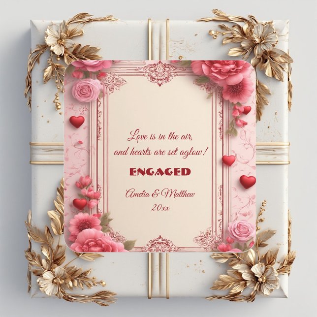 Pegatina Cuadrada Couple's Romantic Pink Heart Motifs Floral Engaged (Couple's Romantic Pink Heart Motifs Floral Engaged Square Sticker)