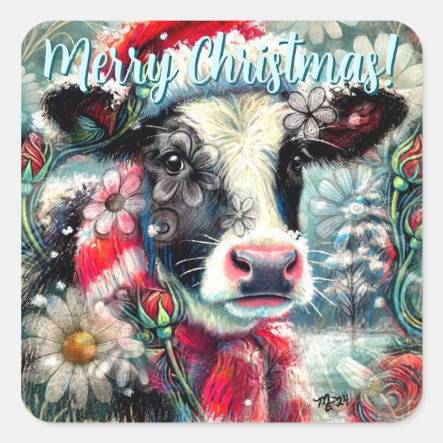 Pegatina Cuadrada Cow Dreaming of Warmer Times Floral Personalized (Anverso)