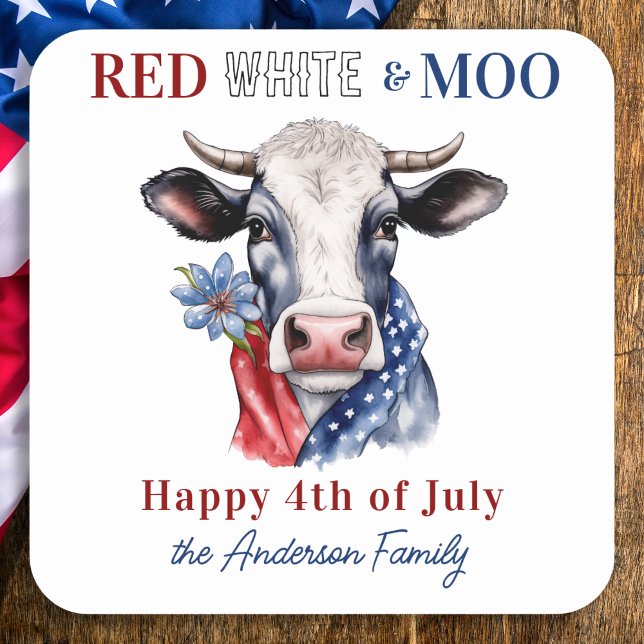 Pegatina Cuadrada Cow Feliz 4 De Julio Patriótico Rojo Azul Blanco (Subido por el creador)