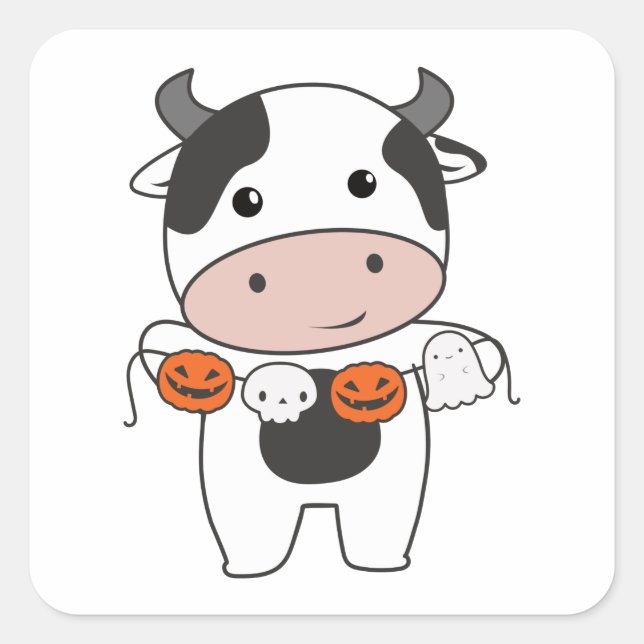 Pegatina Cuadrada Cow Happy Halloween Calabaza Bat Costume Square St (Anverso)