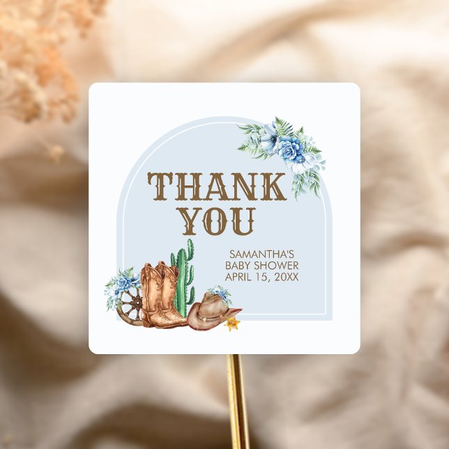 Pegatina Cuadrada Cowboy Baby Shower (A Little Cowboy Baby Shower Sticker)