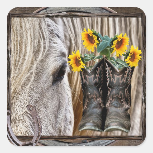 Pegatina Cuadrada Cowboy Caballo Boots Sunflowers Horseshoe (Anverso)