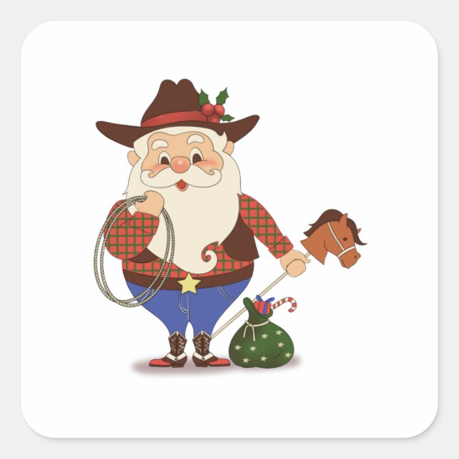 Pegatina Cuadrada Cowboy Santa Claus (Anverso)
