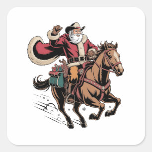 Pegatina Cuadrada Cowboy Santa Claus montando a caballo Navidad 