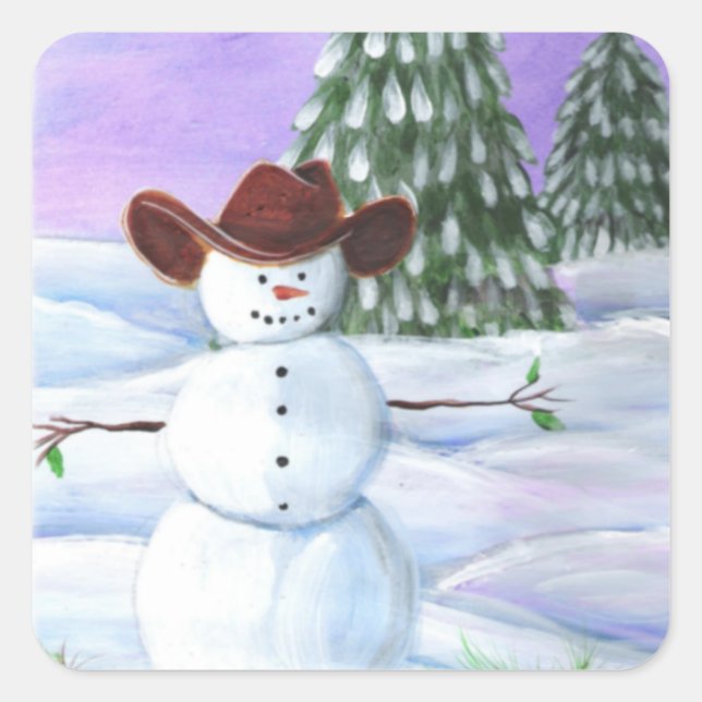 Pegatina Cuadrada Cowboy Snowman (Anverso)