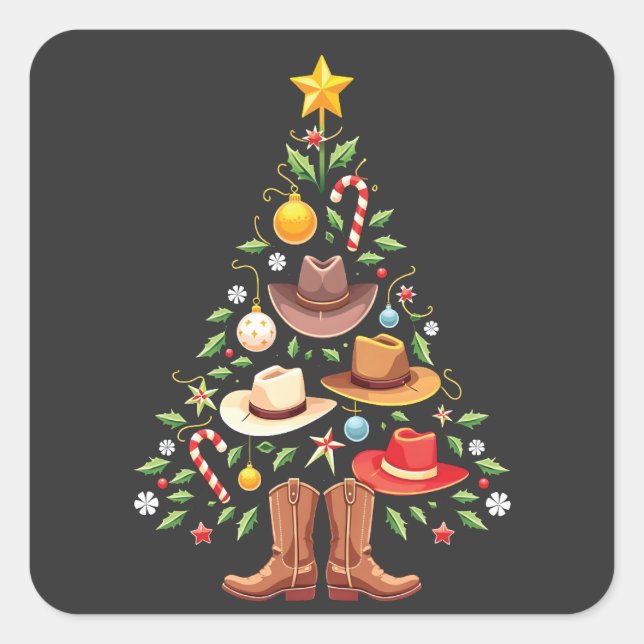 Pegatina Cuadrada Cowboy Western Christmas Tree Santa (Anverso)