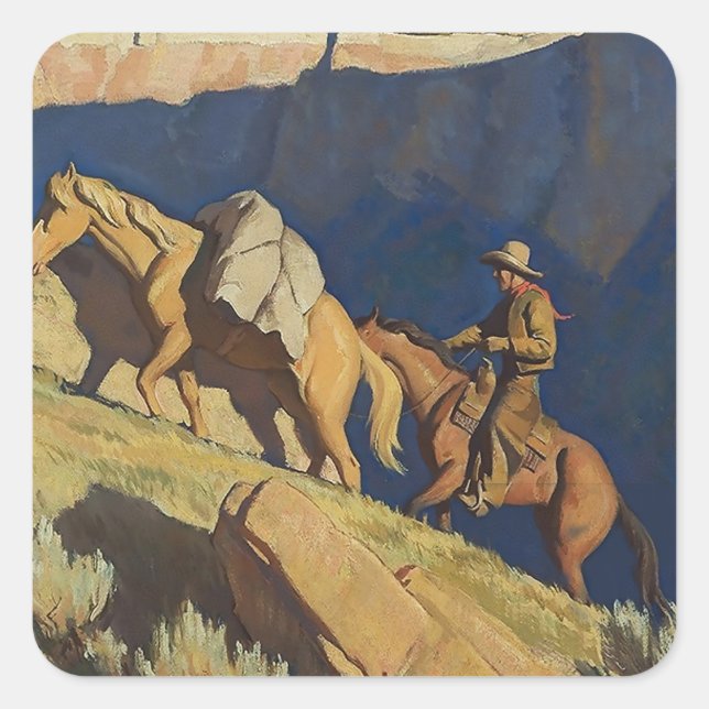 Pegatina Cuadrada “Cowboy y caballo de carga” de Maynard Dixon (Anverso)