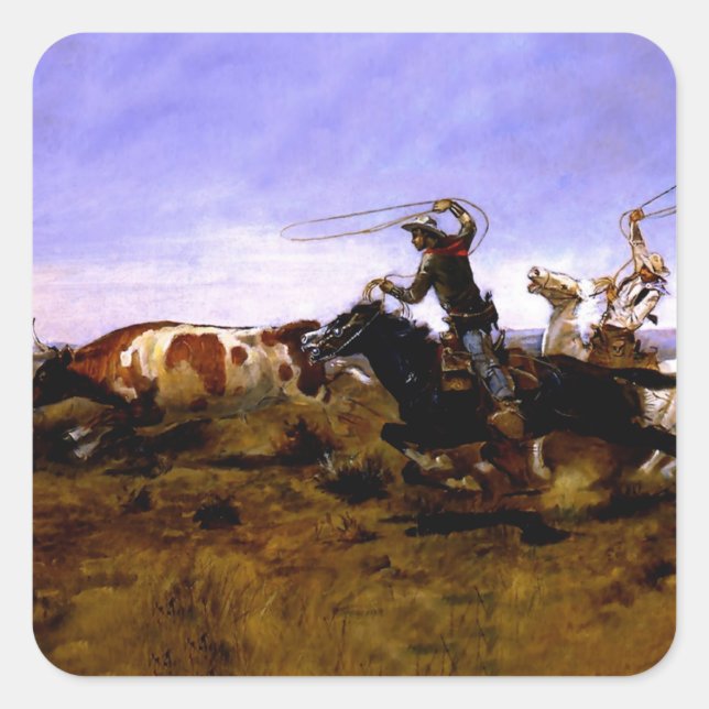Pegatina Cuadrada "Cowboys Roping a Steer" por Charles M Russell (Anverso)
