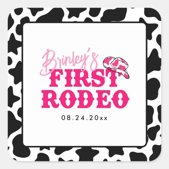 Pegatina Cuadrada Cowgirl Disco Pink First Rodeo (Anverso)