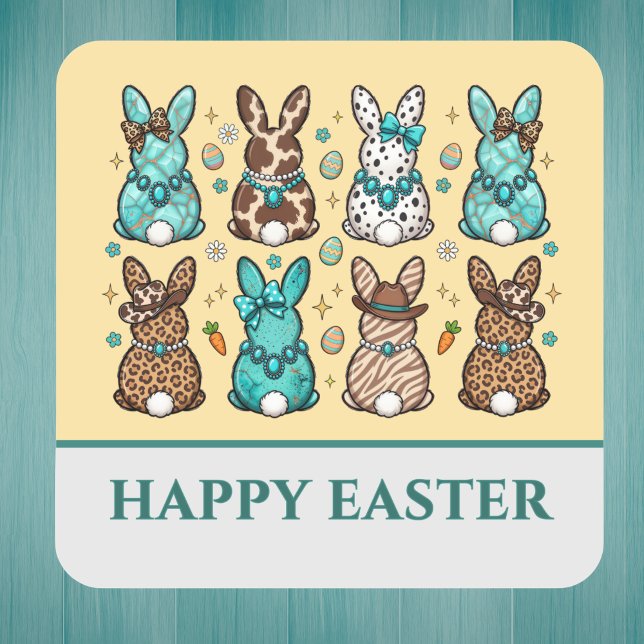 Pegatina Cuadrada Cowgirl Leopard Print Blue Brown Easter Bunnies   (Subido por el creador)