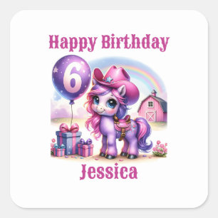 Pegatina Cuadrada Cowgirl Pony, cumpleaños de 6 años