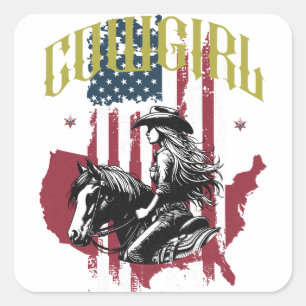 PEGATINA CUADRADA COWGIRL USA