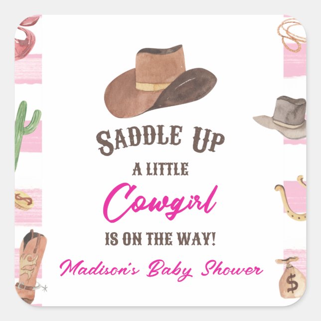 Pegatina Cuadrada Cowgirl Western Rodeo Wild West Baby Shower (Anverso)