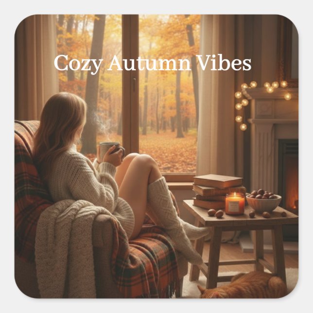 Pegatina Cuadrada Cozy Autumn Vibes | Personalized Fall Cabin Window (Anverso)