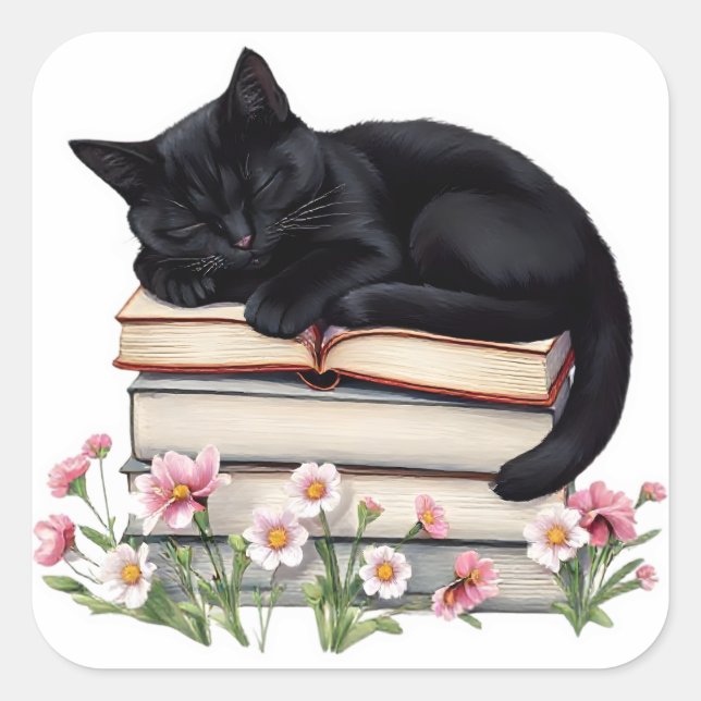 Pegatina Cuadrada Cozy Black Cat Sleeping on Books Sticker  (Anverso)