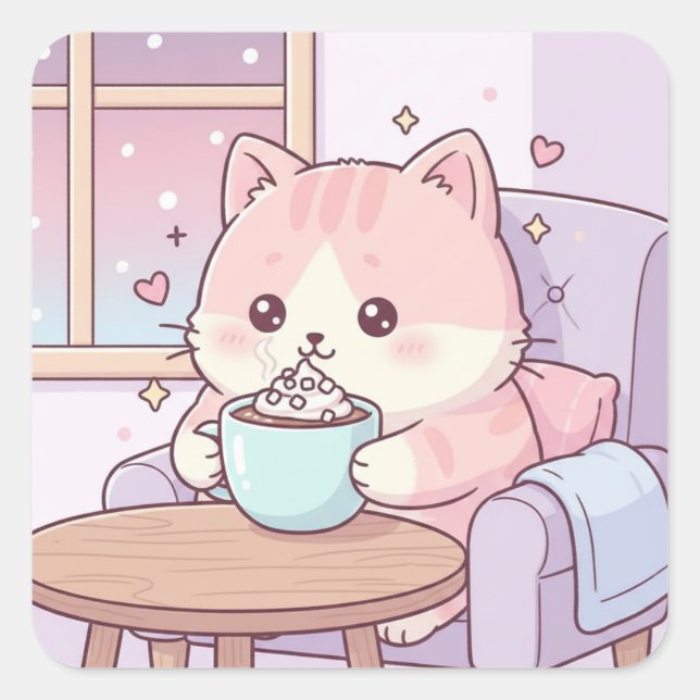 Pegatina Cuadrada Cozy Cat Sticker – Cute Kawaii Pastel (Anverso)