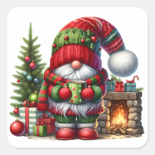 Pegatina Cuadrada Cozy Christmas Gnome Art – Festive Holiday (Anverso)