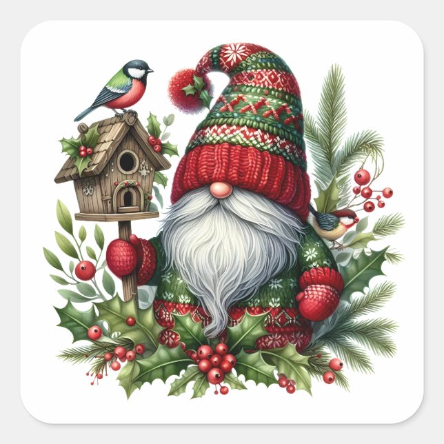 Pegatina Cuadrada Cozy Christmas Gnome Art – Festive Holiday (Anverso)