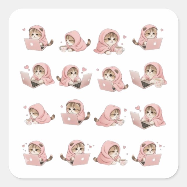 Pegatina Cuadrada Cozy Gaming Cat Pattern - Aesthetic Pink Hoodie Ki (Anverso)