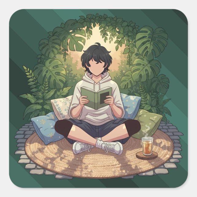 Pegatina Cuadrada Cozy Garden Reading Art Piece (Anverso)
