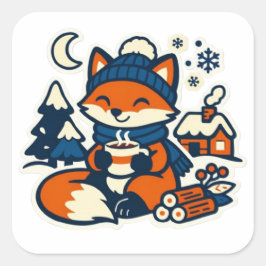 Pegatina Cuadrada Cozy Kawaii Fox Drinking Cocoa in the Snow