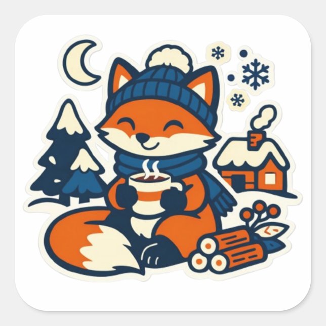 Pegatina Cuadrada Cozy Kawaii Fox Drinking Cocoa in the Snow (Anverso)