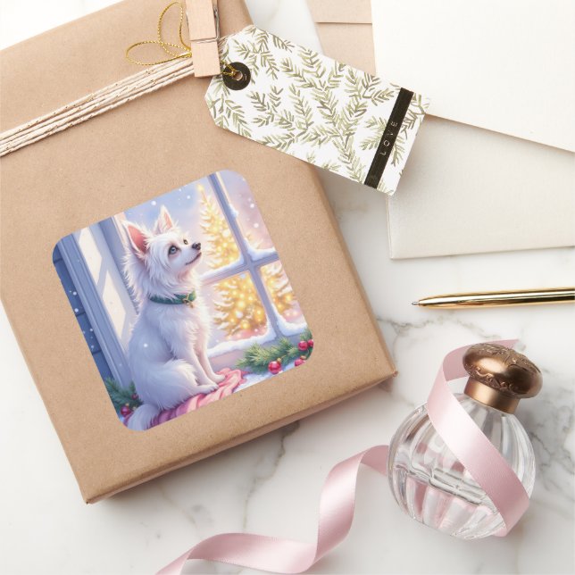 Pegatina Cuadrada Cozy Maltese by Snowy Window Christmas Dog Art (Regalar)