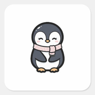 Pegatina Cuadrada Cozy Penguin – Cute Kawaii Animal Illustration