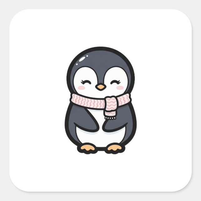Pegatina Cuadrada Cozy Penguin – Cute Kawaii Animal Illustration (Anverso)