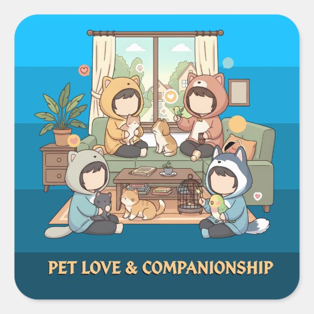 Pegatina Cuadrada Cozy Pet Friends Chibi Anime Art (Anverso)