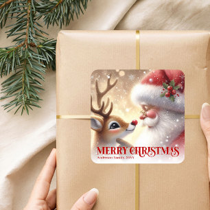 Pegatina Cuadrada Cozy Santa Rudolph Personalizados Navidad Niños