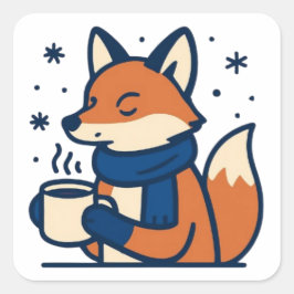 Pegatina Cuadrada Cozy Winter Fox with Hot Cocoa 