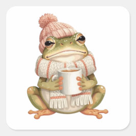 Pegatina Cuadrada Cozy Winter Frog & Coffee Aesthetic