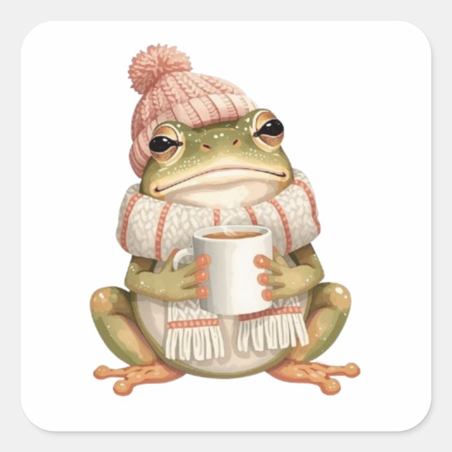 Pegatina Cuadrada Cozy Winter Frog & Coffee Aesthetic (Anverso)