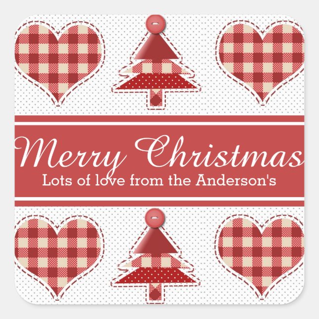 Pegatina Cuadrada Craft Christmas Trees and Hearts Personalised (Anverso)