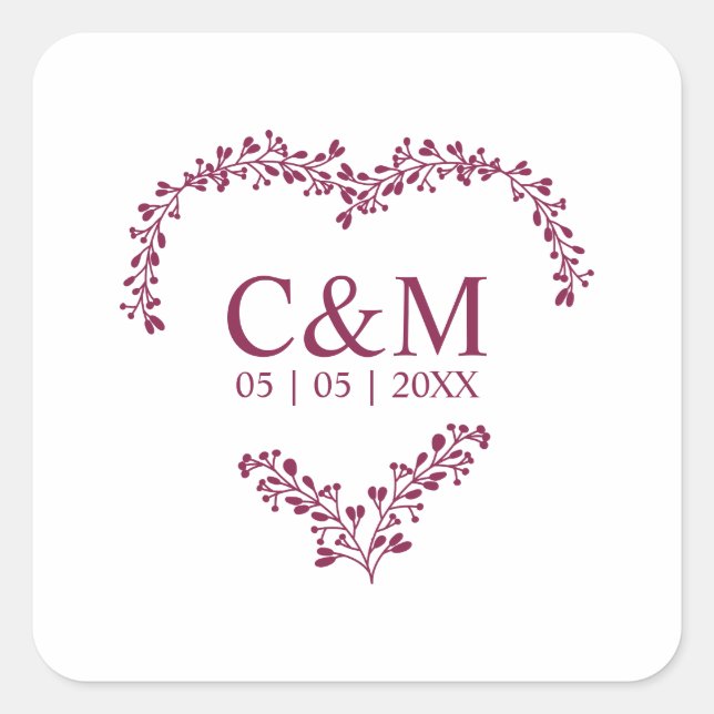 Pegatina Cuadrada Cramberry Branches Heart with Initials (Anverso)