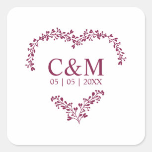 Pegatina Cuadrada Cramberry Branches Heart with Initials