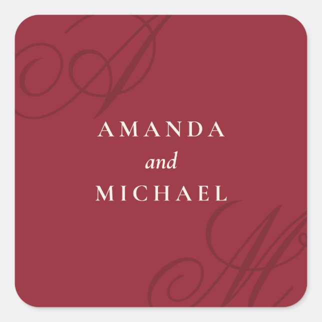 Pegatina Cuadrada Cranberry Red Moderno Edge Elegante Monograma Boda (Anverso)