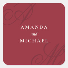 Pegatina Cuadrada Cranberry Red Moderno Edge Elegante Monograma Boda