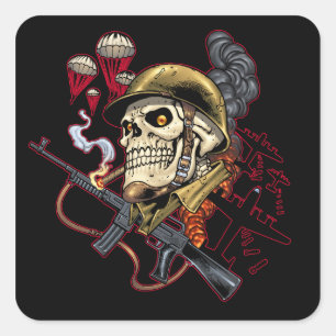 Pegatina Cuadrada Cráneo aerotransportado o marino del paracaidista