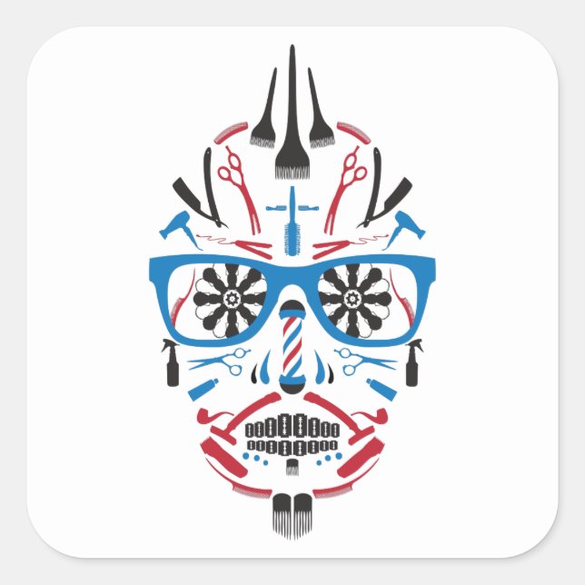 Pegatina Cuadrada cráneo de azúcar de barbershop (Anverso)