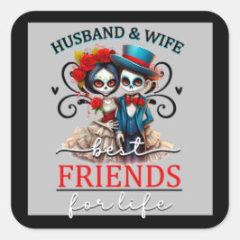 Pegatina Cuadrada Cráneo de Azúcar Pareja Linda