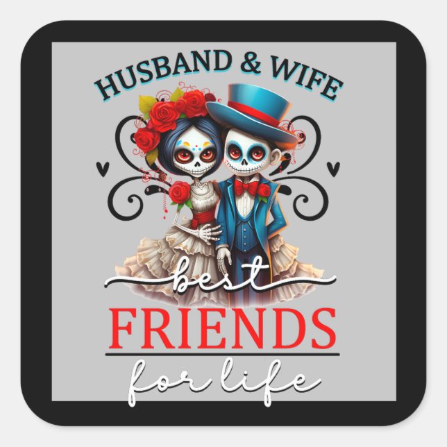 Pegatina Cuadrada Cráneo de Azúcar Pareja Linda (Anverso)