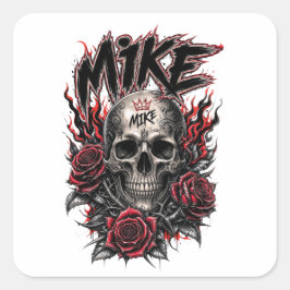 Pegatina Cuadrada Cráneo gótico de Mike con rosas rojas y llamas