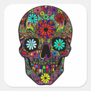 Pegatina Cuadrada Cráneo pintado con las flores