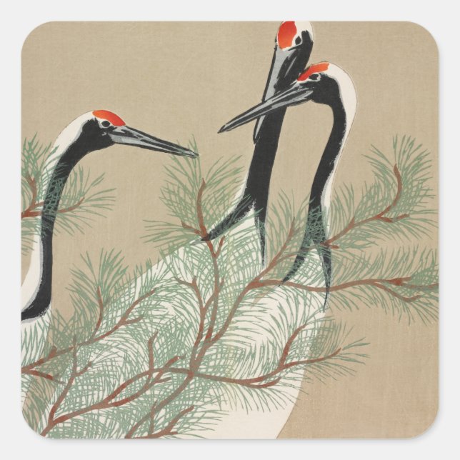 Pegatina Cuadrada Cranes Kamisaka Sekka japan painting art canvas cc (Anverso)
