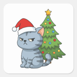 Pegatina Cuadrada Cranky Grey Tabby Cat Red Hat Christmas Tree