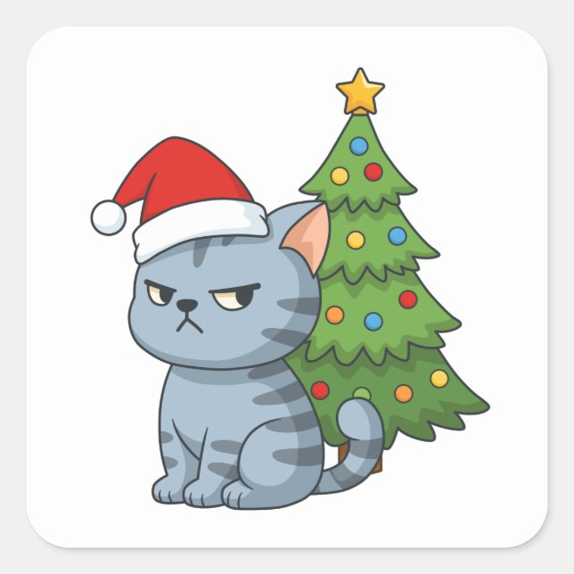 Pegatina Cuadrada Cranky Grey Tabby Cat Red Hat Christmas Tree (Anverso)